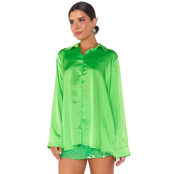 NWT Show Me Your Mumu Smith Bright Green Satin Button Down Shirt – Size L - Picture 1 of 15